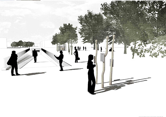 Rendering der geschnitzten Robinienstelen mit den Biopgrahietafeln.